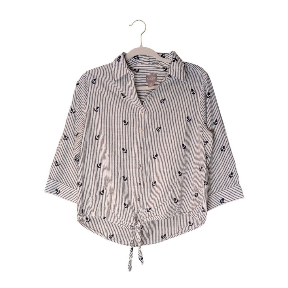 Chico’s cotton Striped Tie-Front Button Down Blouse - Anchor Print 1/Medium